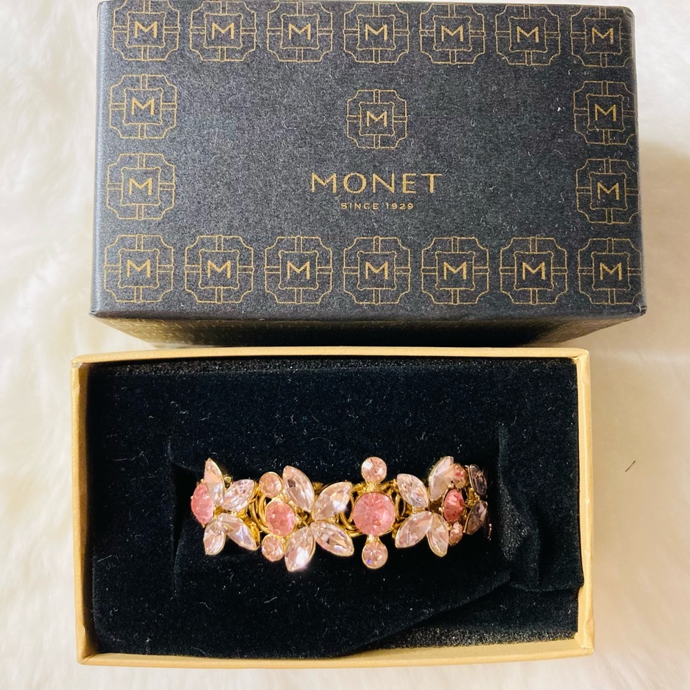 Monet Gold Floral Bracelet with Pink and Clear Crystals
